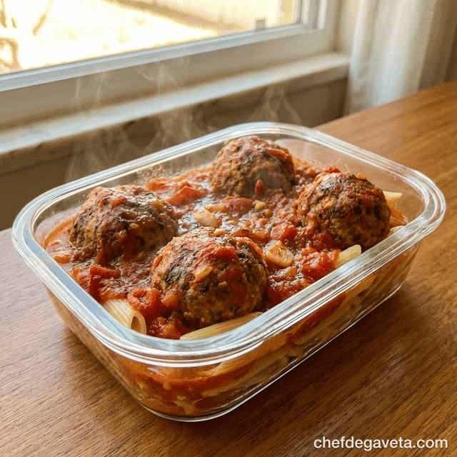Almôndegas Suculentas de Forno com Molho, organizado em pote de marmita — marmitas da semana, carnes