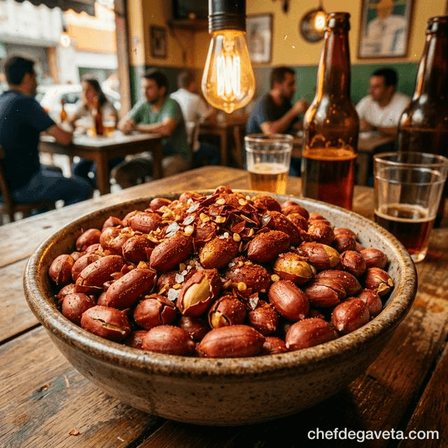 Amendoim Torrado e Temperado Picante na Air Fryer, crocante servido em tábua de madeira — petiscos de boteco, vegetariano