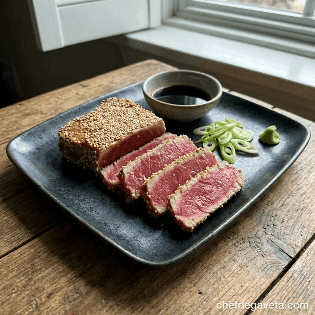 Atum Selado na Air Fryer, suculento em prato branco com limão — peixes e frutos do mar, jantar especial