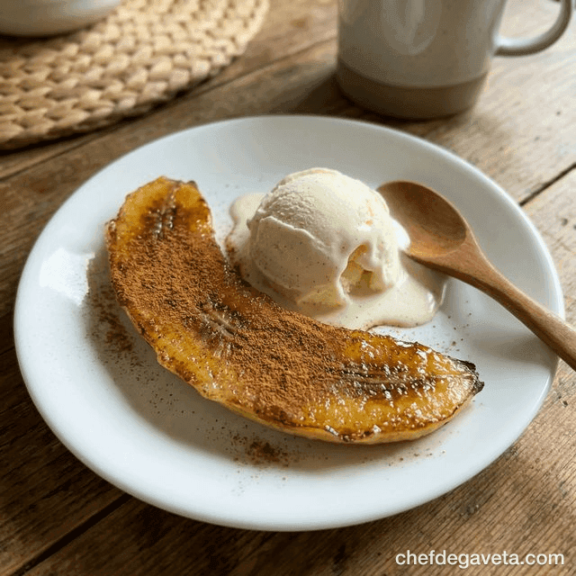 Banana Caramelizada com Canela na Air Fryer, apresentado em prato de sobremesa com acabamento caprichado — sobremesas, banana