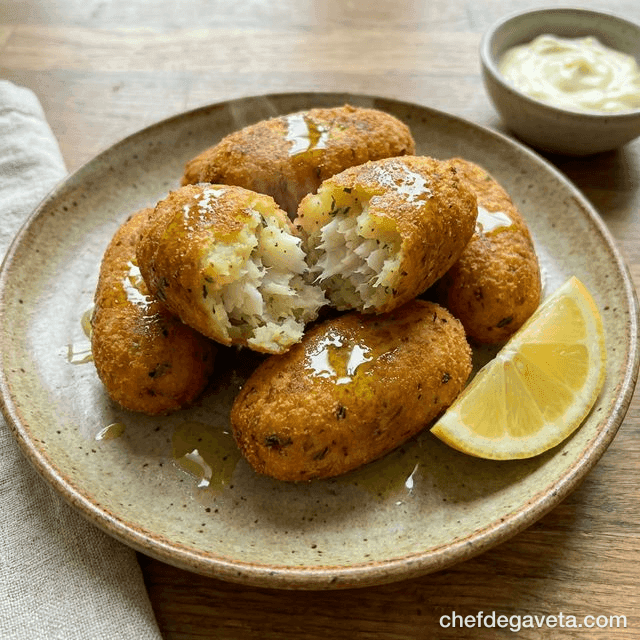Bolinho de Bacalhau Português na Air Fryer, suculento em prato branco com limão — peixes e frutos do mar, bacalhau