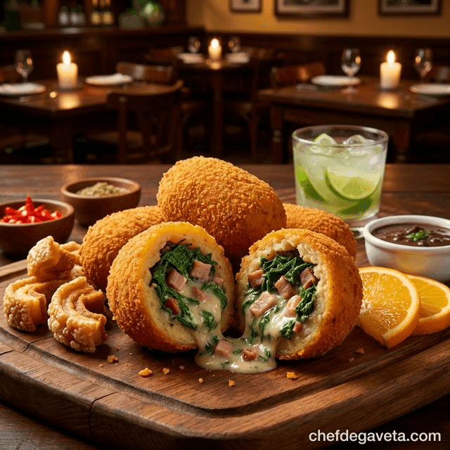Bolinho de Feijoada Crocante na Air Fryer, crocante servido em tábua de madeira — petiscos de boteco, festa