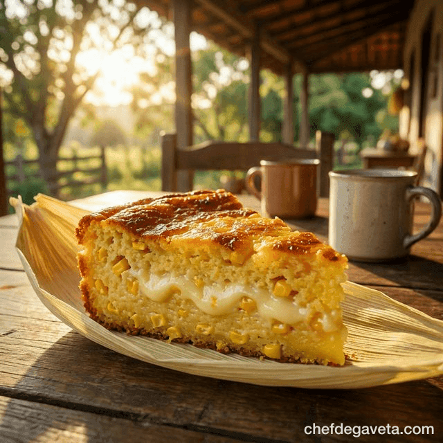 Bolo de Milho Cremoso Fácil, fatiado em prato branco sobre mesa de madeira — liquidificador mágico, bolo