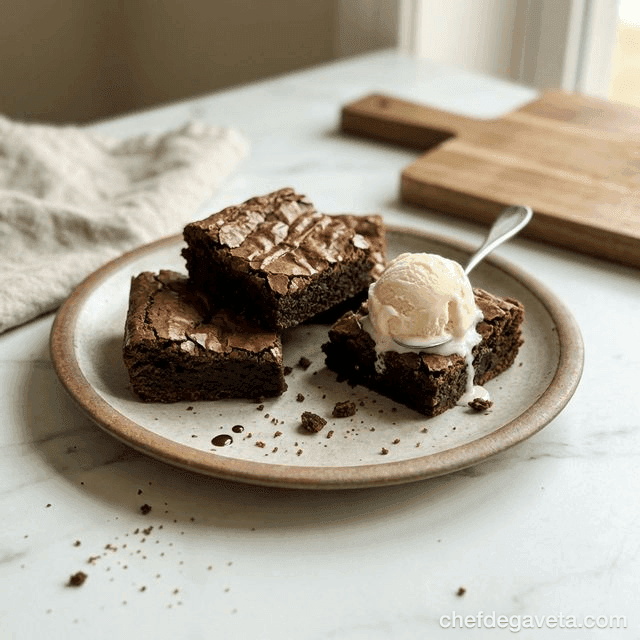 Brownie Fudgy na Air Fryer, apresentado em prato de sobremesa com acabamento caprichado — sobremesas, chocolate