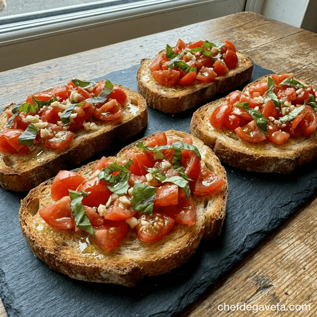 Bruschetta de Tomate na Air Fryer, pronto em prato branco sobre mesa de madeira — receitas rápidas, lanche da tarde