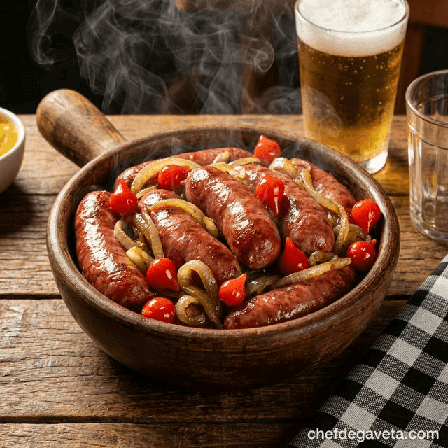 Calabresa Acebolada com Pimenta Biquinho na Air Fryer, crocante servido em tábua de madeira — petiscos de boteco, calabresa