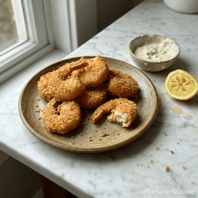 Camarão Empanado Crocante na Air Fryer, suculento em prato branco com limão — peixes e frutos do mar, jantar especial