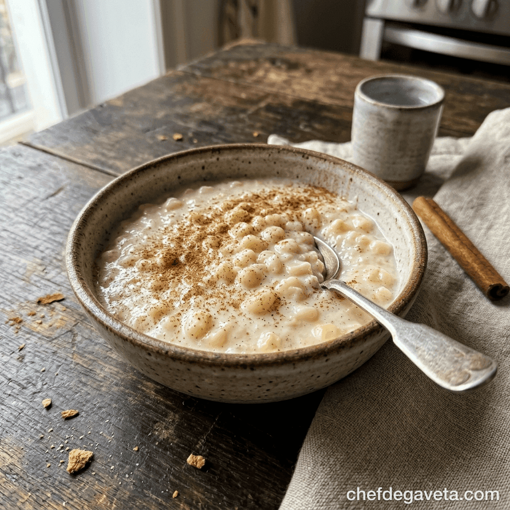 Canjica Cremosa Tradicional, servido em prato branco sobre mesa de madeira — festa junina, Sobremesa