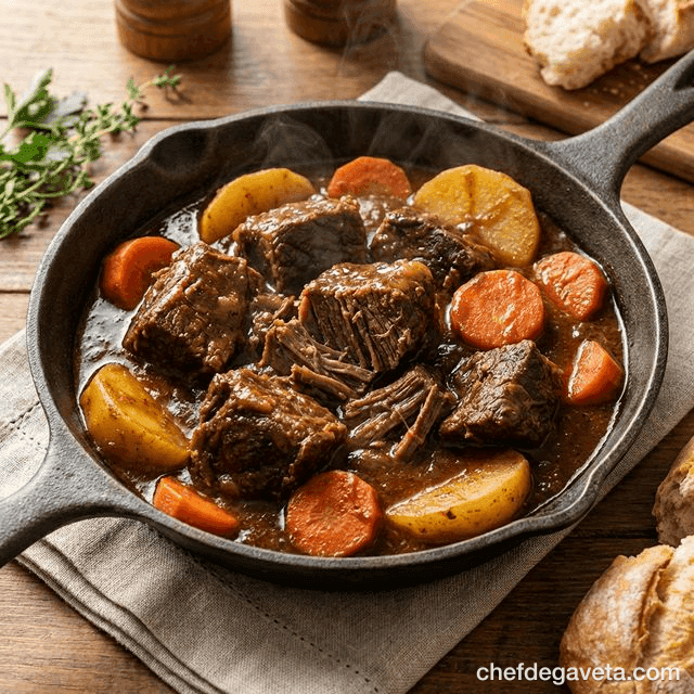 Carne de Panela Desfiada com Legumes Rústicos, organizado em pote de marmita — marmitas da semana, carnes