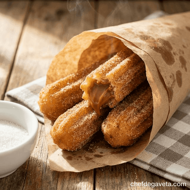 Churros Recheados na Air Fryer, apresentado em prato de sobremesa com acabamento caprichado — sobremesas, chocolate