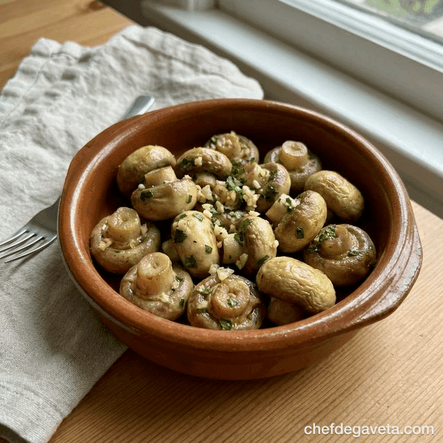 Cogumelos com Alho e Ervas na Air Fryer, pronto em prato branco sobre mesa de madeira — receitas rápidas, cogumelos