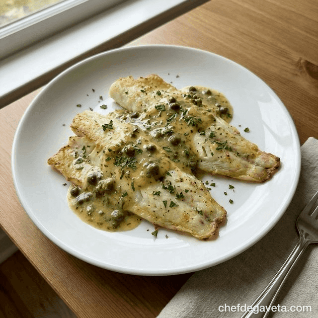 Filé de Merluza com Limão e Alcaparras na Air Fryer, suculento em prato branco com limão — peixes e frutos do mar, almoco...