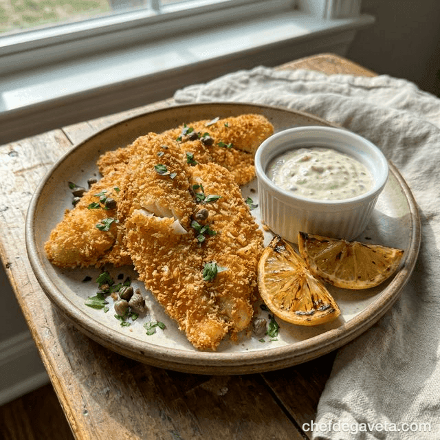 Filé de Tilápia Empanado na Air Fryer, suculento em prato branco com limão — peixes e frutos do mar, almoco rapido