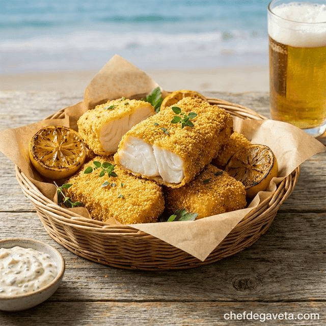 Isca de Peixe com Fubá na Air Fryer, crocante servido em tábua de madeira — petiscos de boteco, peixe