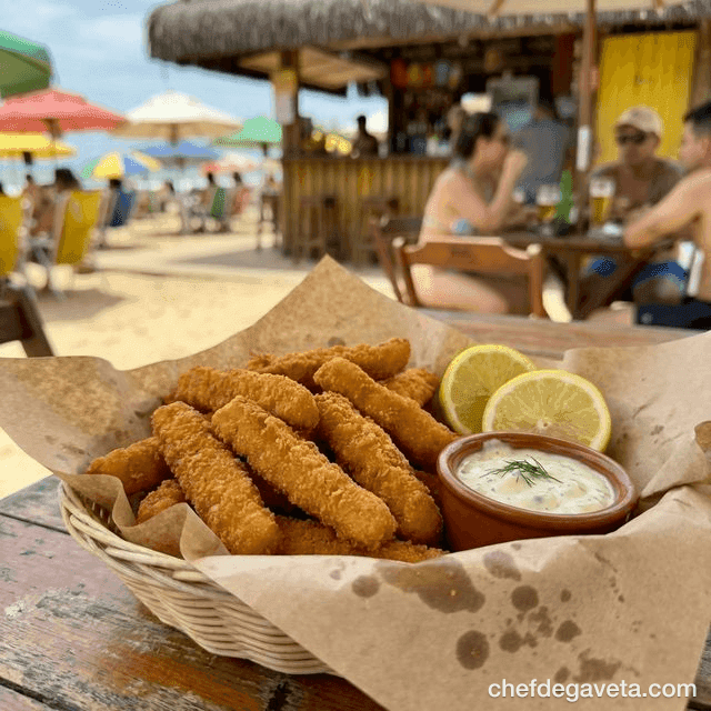 Isca de Peixe Empanada na Air Fryer com Molho de Limão, suculento em prato branco com limão — peixes e frutos do mar,...