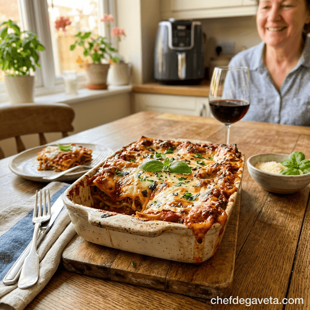 Lasanha na Air Fryer Perfeita, servido em prato branco sobre mesa de madeira — pratos principais, dia das maes