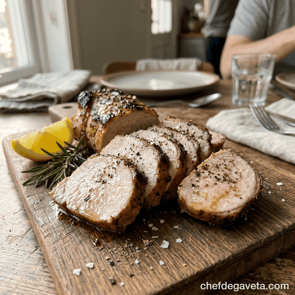 Lombo Suíno na Airfryer Suculento, dourado e suculento em travessa rústica — carnes, Air Fryer
