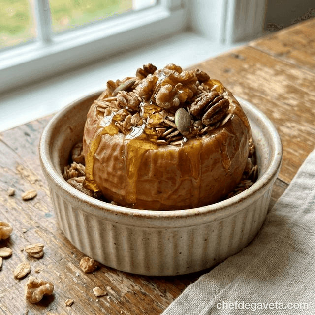 Maçã Assada com Aveia e Mel na Air Fryer, apresentado em prato de sobremesa com acabamento caprichado — sobremesas, maca