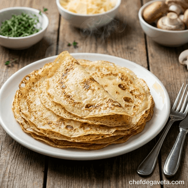Massa de Panqueca Prática em 2 Minutos, fatiado em prato branco sobre mesa de madeira — liquidificador mágico, panqueca
