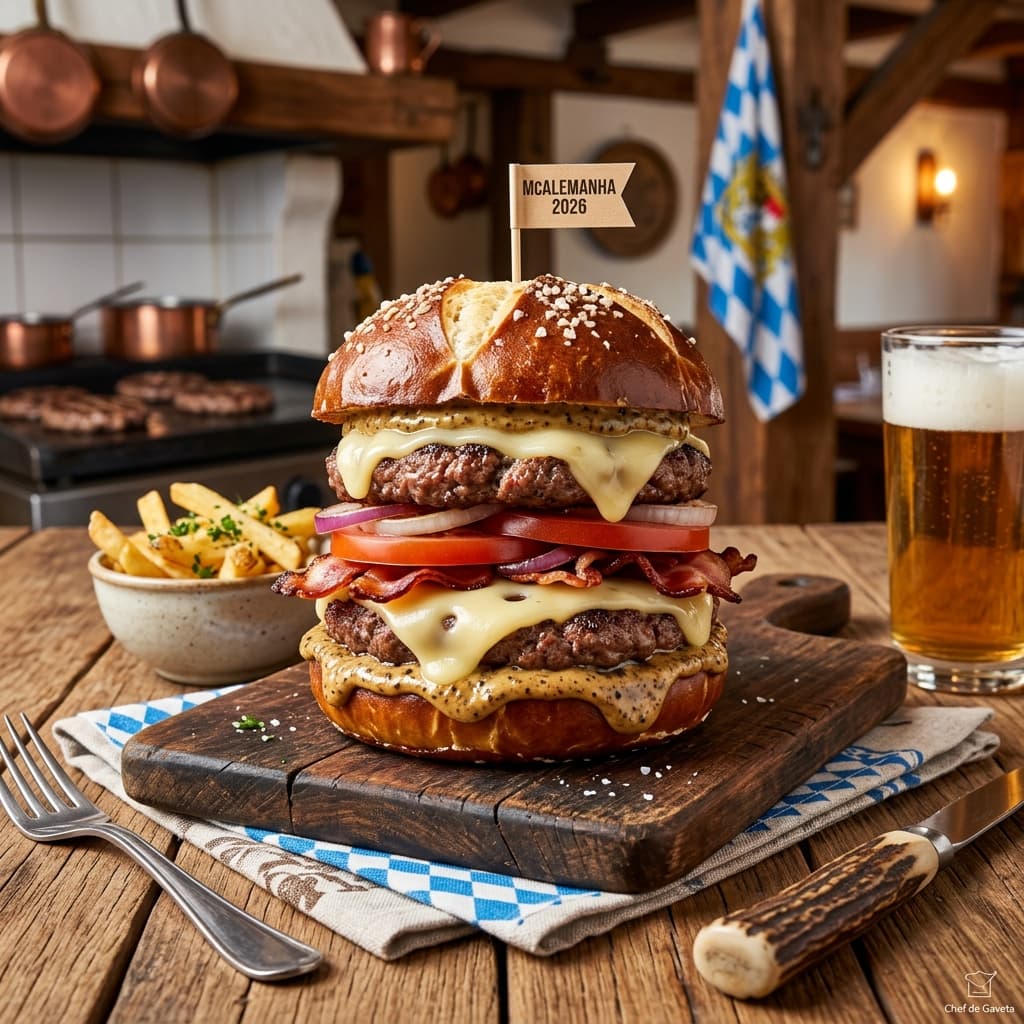 McAlemanha Oficial 2026, servido em prato branco sobre mesa de madeira — sanduíches, Copa do Mundo