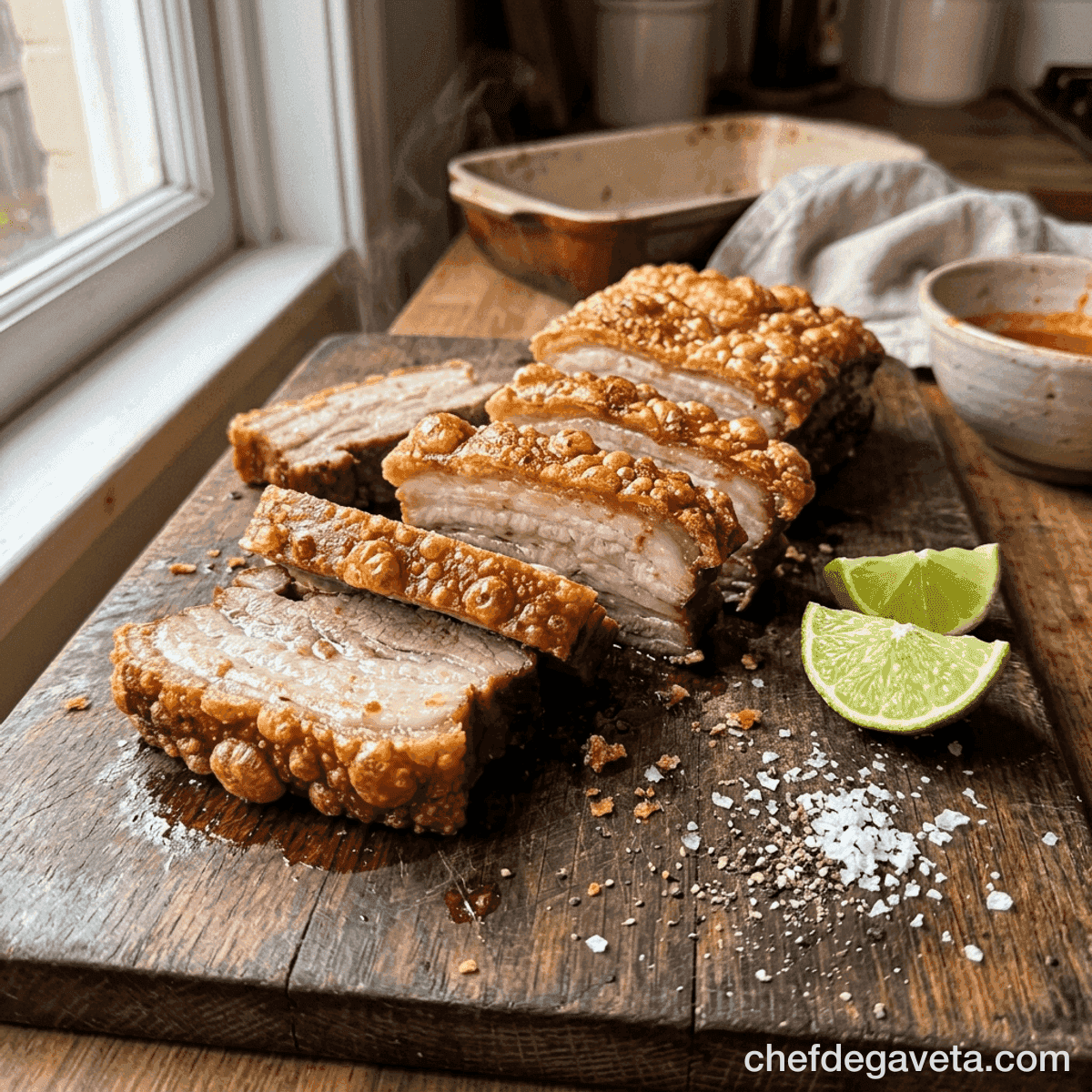 Panceta na Airfryer, dourado e suculento em travessa rústica — carnes, Air Fryer