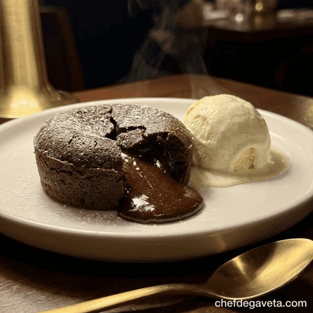 Petit Gâteau na Air Fryer, apresentado em prato de sobremesa com acabamento caprichado — sobremesas, chocolate