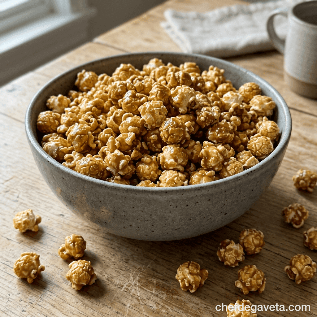 Pipoca Caramelizada de Festa Junina, servido em prato branco sobre mesa de madeira — festa junina, Petisco