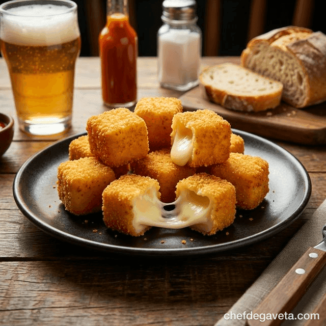Provolone à Milanesa Sem Óleo na Air Fryer, crocante servido em tábua de madeira — petiscos de boteco, queijo