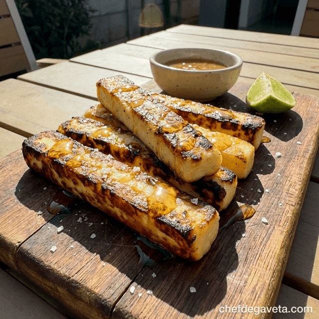 Queijo Coalho na Air Fryer, pronto em prato branco sobre mesa de madeira — receitas rápidas, queijo
