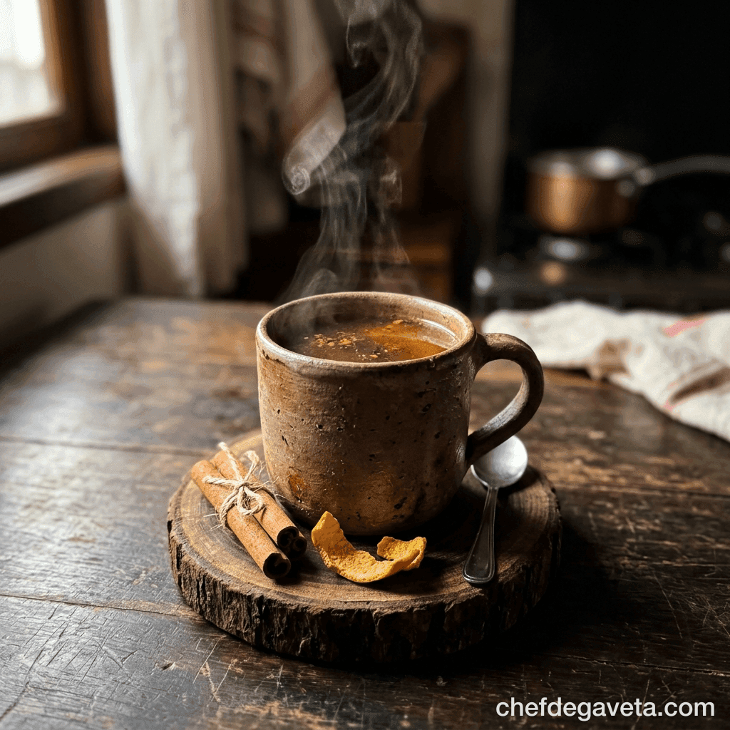 Quentão Tradicional, servido em prato branco sobre mesa de madeira — festa junina, Bebida