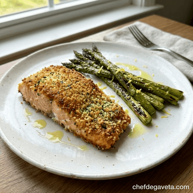 Salmão com Crosta de Ervas na Air Fryer, suculento em prato branco com limão — peixes e frutos do mar, jantar especial