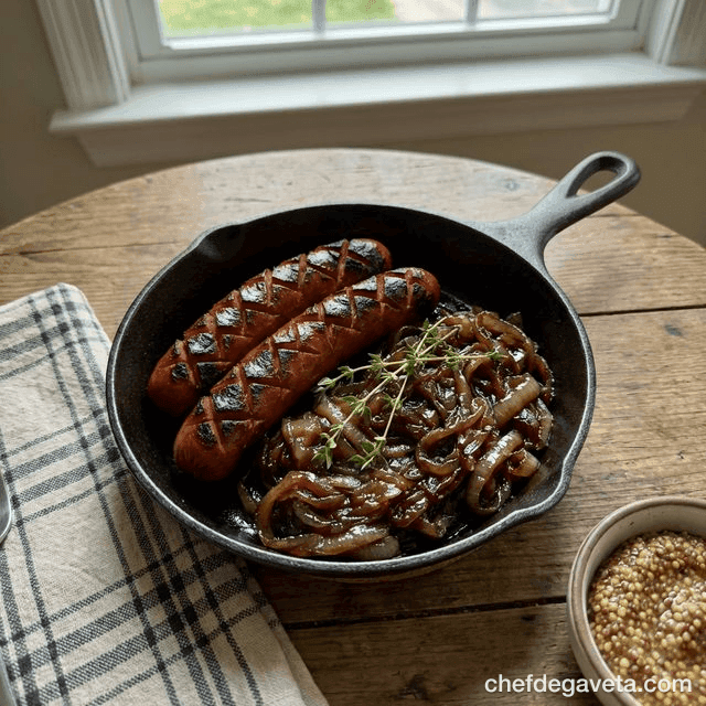 Salsicha com Cebola Caramelizada na Air Fryer, pronto em prato branco sobre mesa de madeira — receitas rápidas, salsicha
