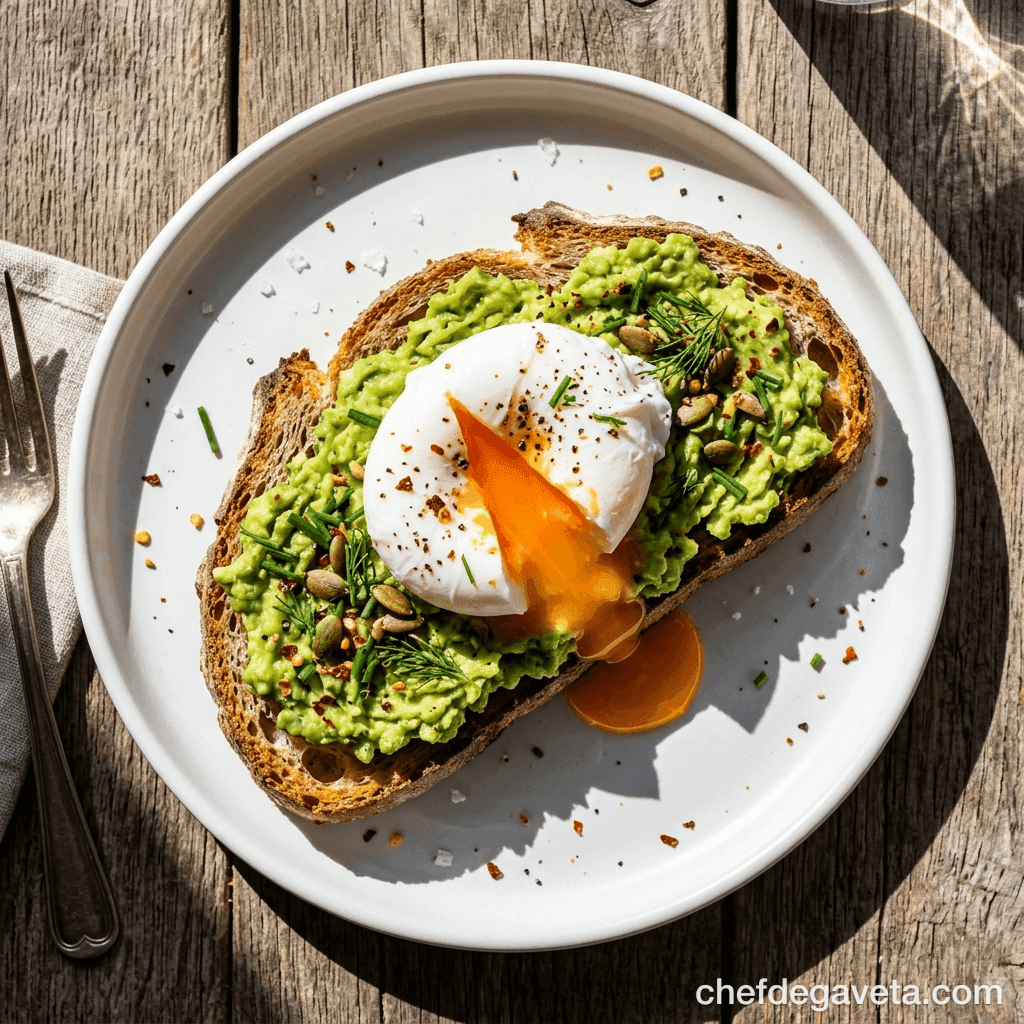 Torrada com Abacate e Ovo na Air Fryer, pronto em prato branco sobre mesa de madeira — receitas rápidas, cafe da manha