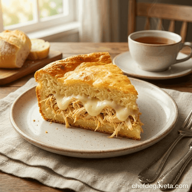 Torta Salgada de Frango de Liquidificador Fácil, fatiado em prato branco sobre mesa de madeira — liquidificador mágico,...