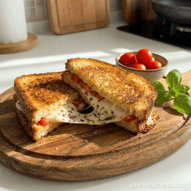 Tostex de Pizza na Air Fryer, pronto em prato branco sobre mesa de madeira — receitas rápidas, lanche da tarde