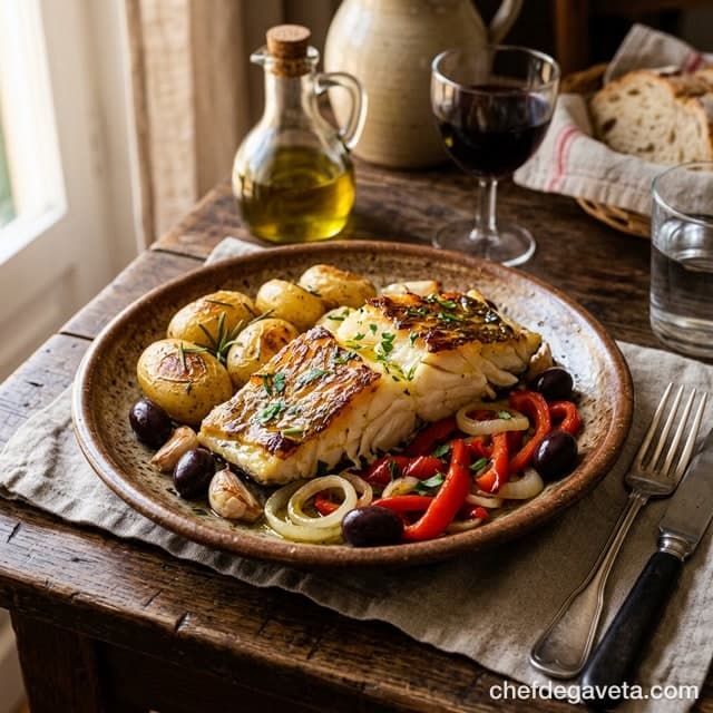 Bacalhau na Air Fryer — Lascas Douradas e Suculentas, suculento em prato branco com limão — peixes e frutos do mar, bacalhau