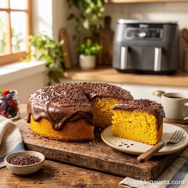 Bolo de Cenoura de Liquidificador na Air Fryer, apresentado em prato de sobremesa com acabamento caprichado — sobremesas,...