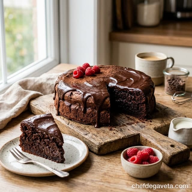 Bolo de Chocolate Úmido na Air Fryer, apresentado em prato de sobremesa com acabamento caprichado — sobremesas, bolo