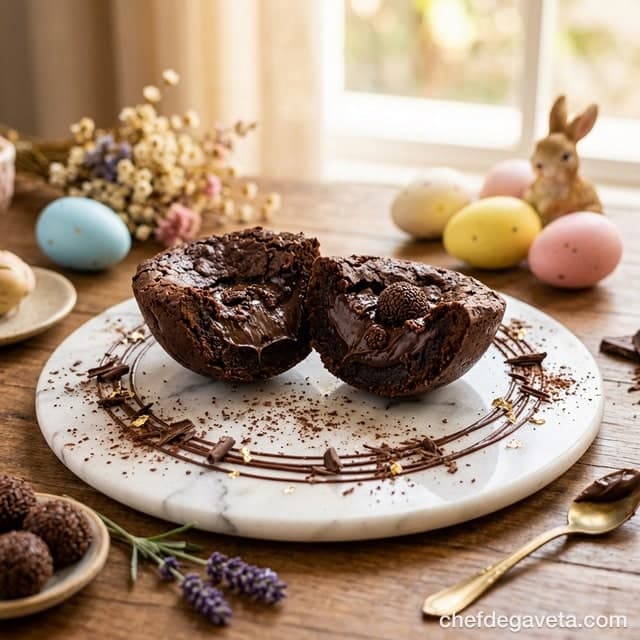 Ovo de Páscoa Recheado na Air Fryer, apresentado em prato de sobremesa com acabamento caprichado — sobremesas, chocolate