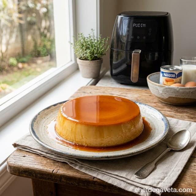 Pudim na Air Fryer Sem Banho Maria, apresentado em prato de sobremesa com acabamento caprichado — sobremesas, pudim