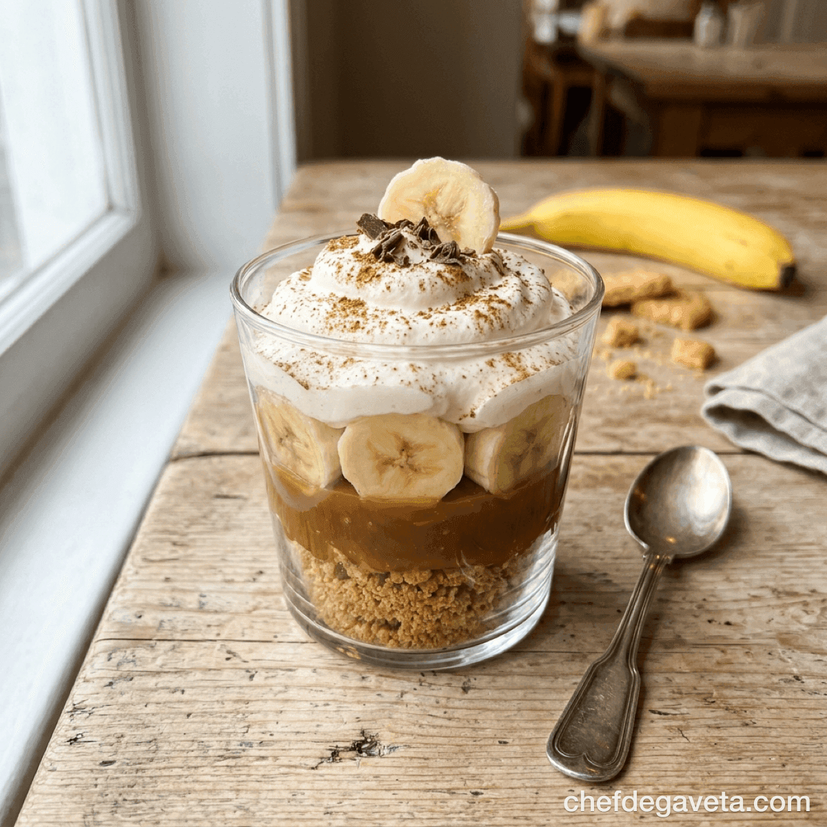 Banoffee no Copo Fácil e Cremosa, apresentado em prato de sobremesa com acabamento caprichado — sobremesas, doce de leite