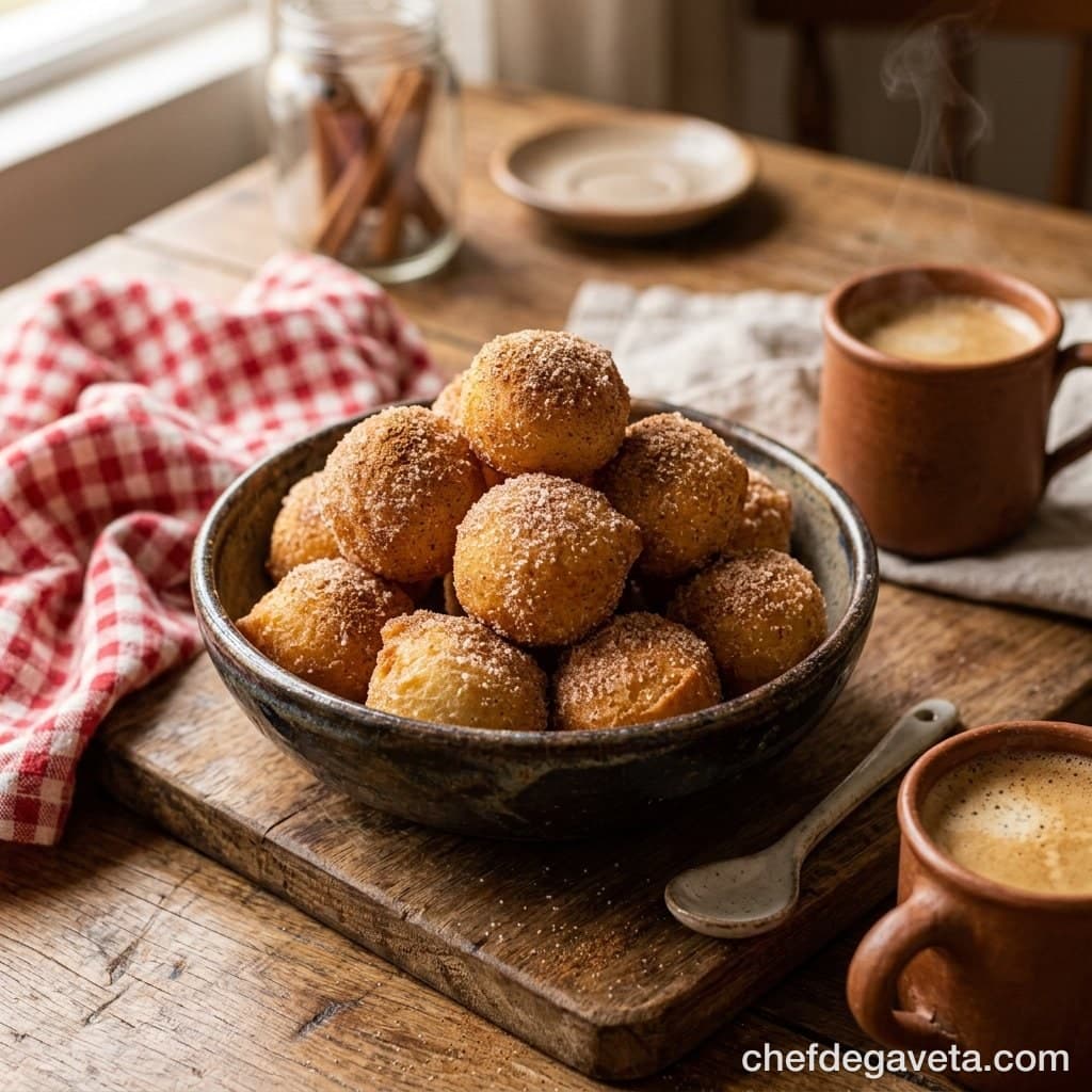 Bolinho de Chuva de Vó, apresentado em prato de sobremesa com acabamento caprichado — sobremesas, Festa Junina