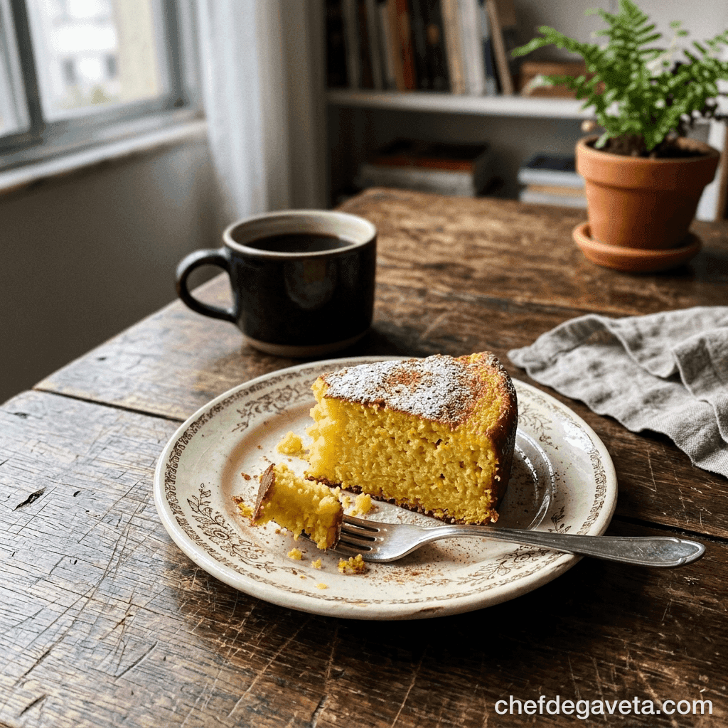 Bolo de Milho de Lata no Liquidificador, fatiado em prato branco sobre mesa de madeira — bolos, festa junina