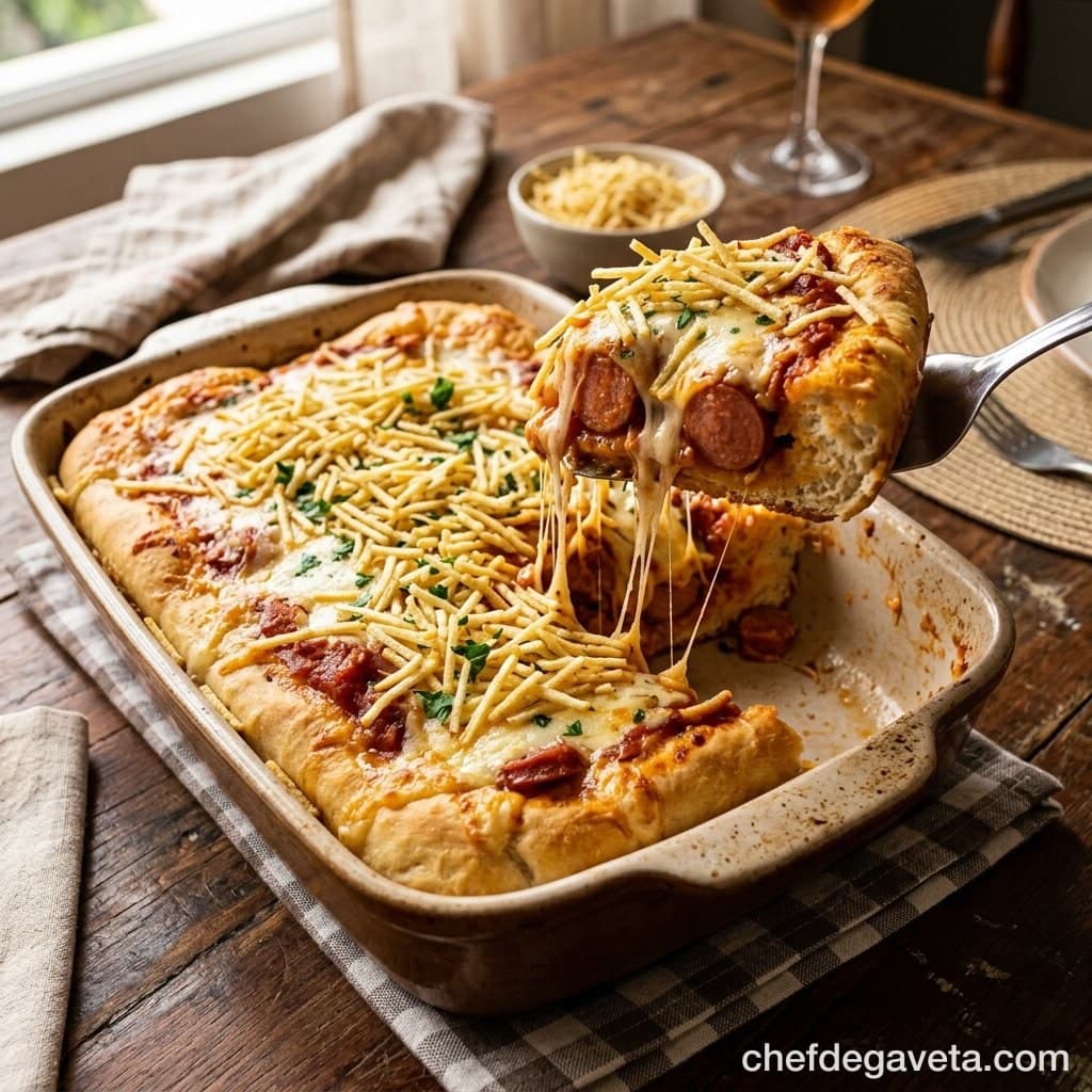 Cachorro-Quente de Forno, servido em prato branco sobre mesa de madeira — lanches, Festa Junina