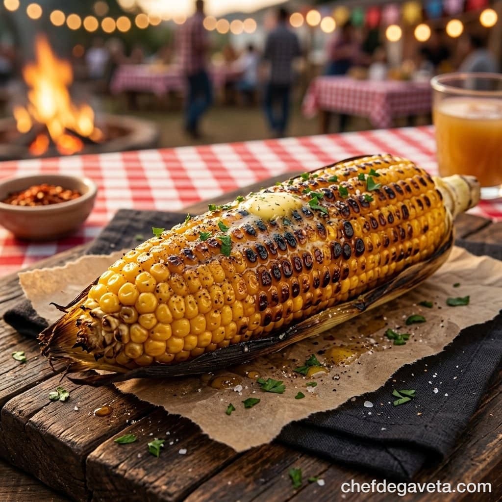 Milho Assado na Air Fryer, servido em prato branco sobre mesa de madeira — vegetais, Festa Junina