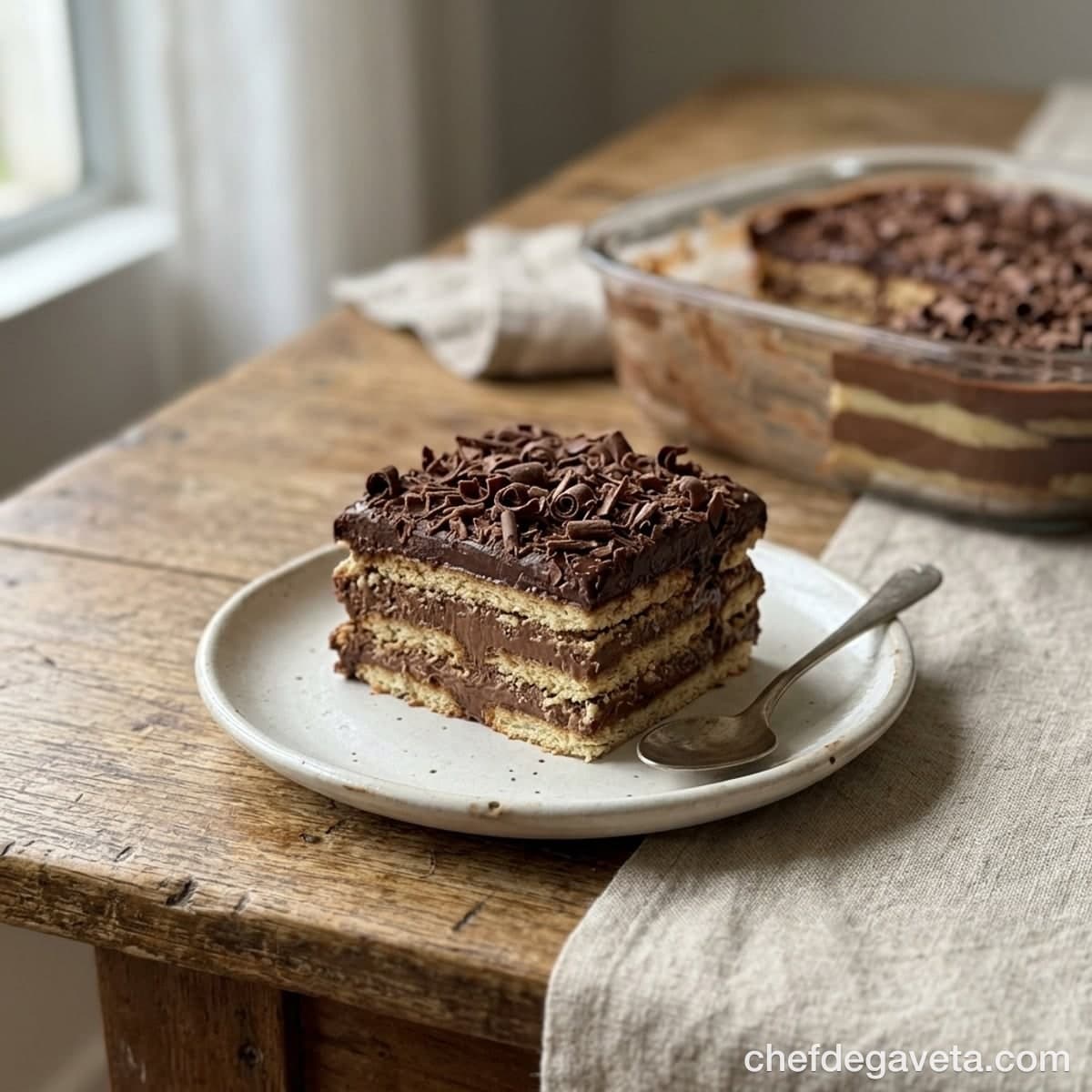 Pavê de Chocolate Simples, apresentado em prato de sobremesa com acabamento caprichado — sobremesas, pave
